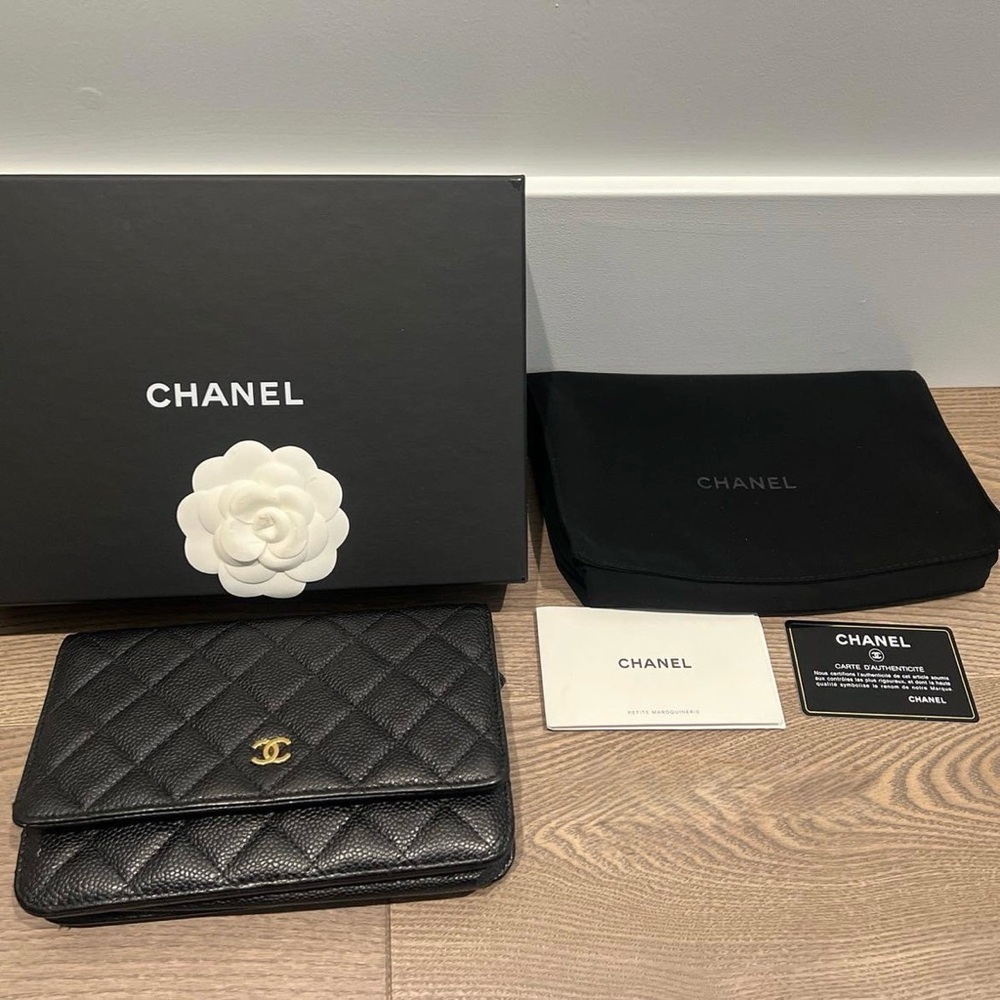Chanel Timeless Classic Quilted Wallet On Chain Black Caviar with Gold Detailing
